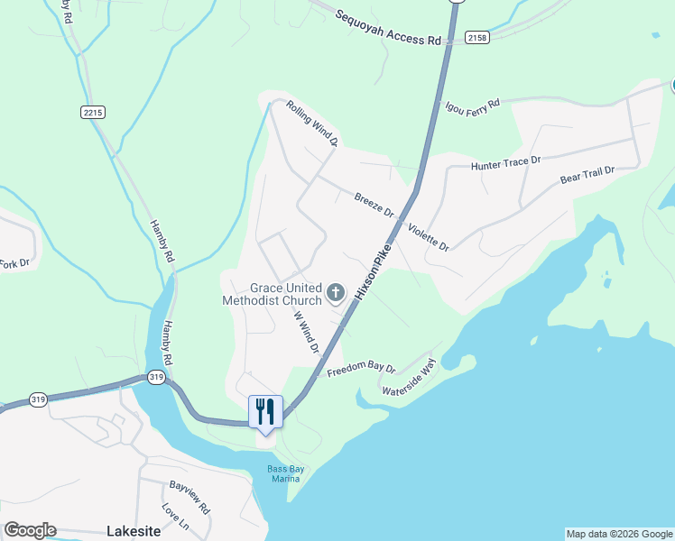 map of restaurants, bars, coffee shops, grocery stores, and more near 2621 Eastwind Drive in Soddy-Daisy