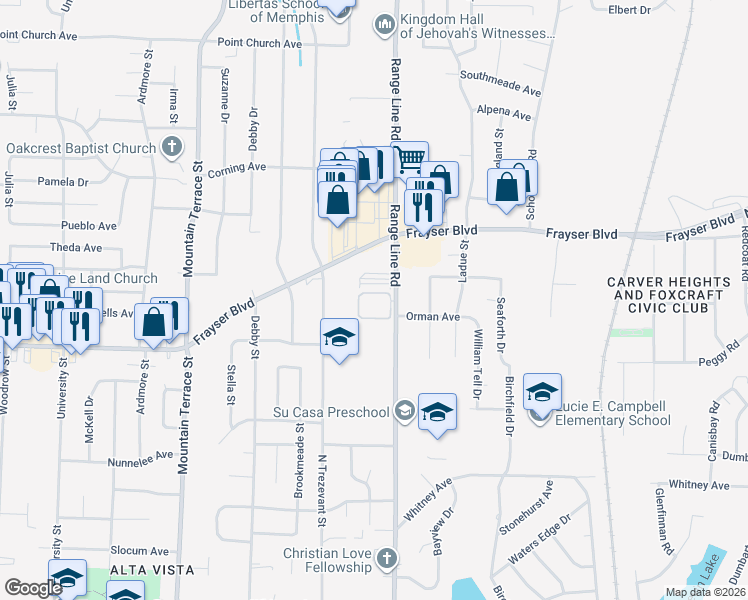 map of restaurants, bars, coffee shops, grocery stores, and more near 3407 Range Line Road in Memphis