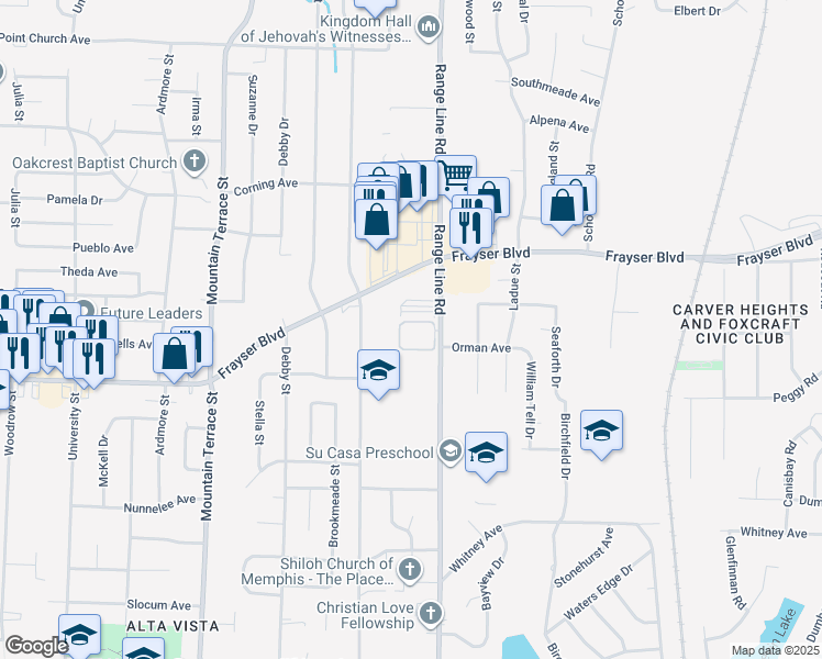 map of restaurants, bars, coffee shops, grocery stores, and more near 3407 Range Line Road in Memphis