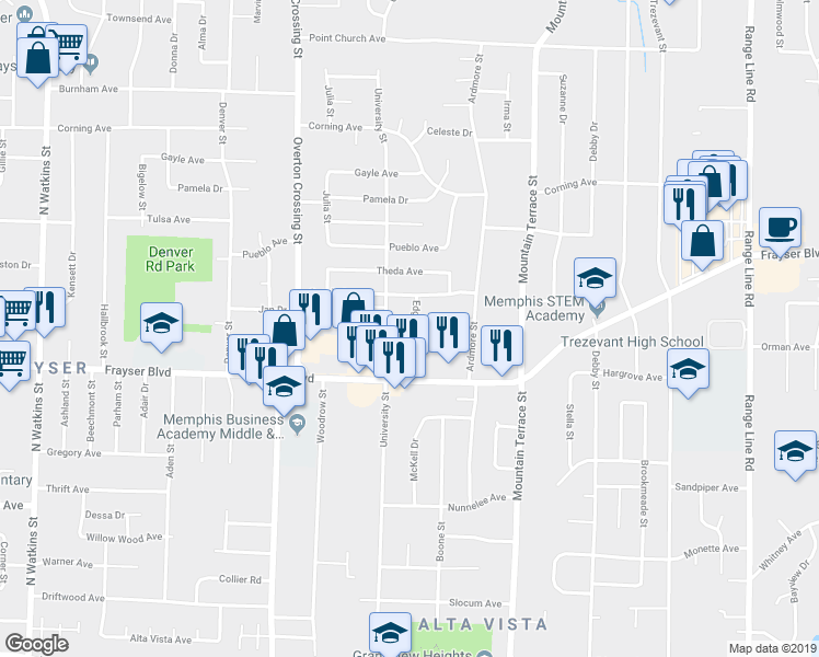 map of restaurants, bars, coffee shops, grocery stores, and more near 2341 Frayser Boulevard in Memphis