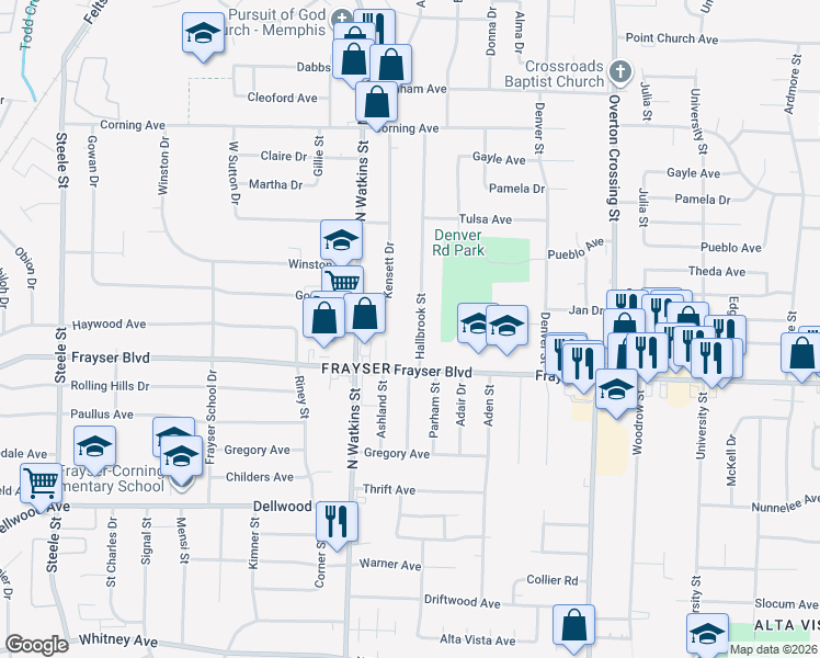 map of restaurants, bars, coffee shops, grocery stores, and more near 3405 Hallbrook Street in Memphis