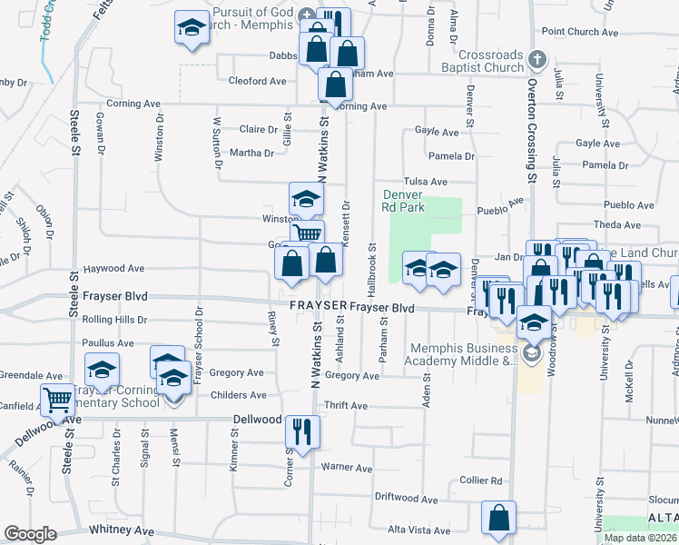 map of restaurants, bars, coffee shops, grocery stores, and more near 3396 North Watkins Street in Memphis