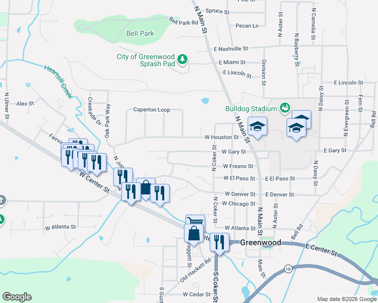 map of restaurants, bars, coffee shops, grocery stores, and more near 317 West Gary Street in Greenwood