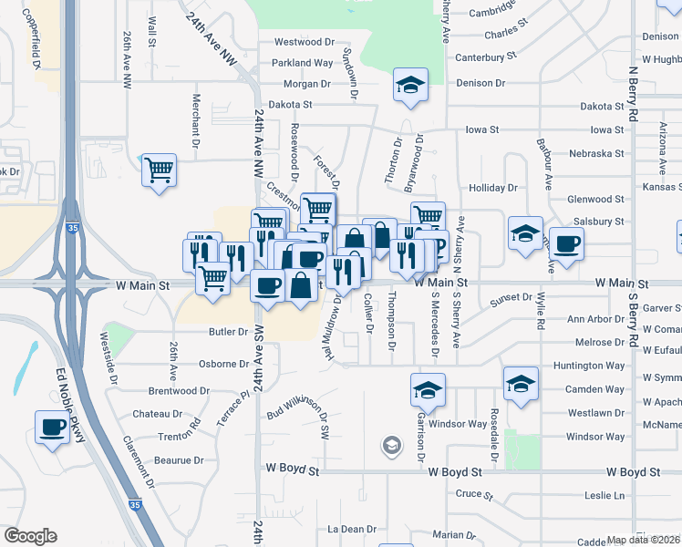 map of restaurants, bars, coffee shops, grocery stores, and more near 2121 West Main Street in Norman