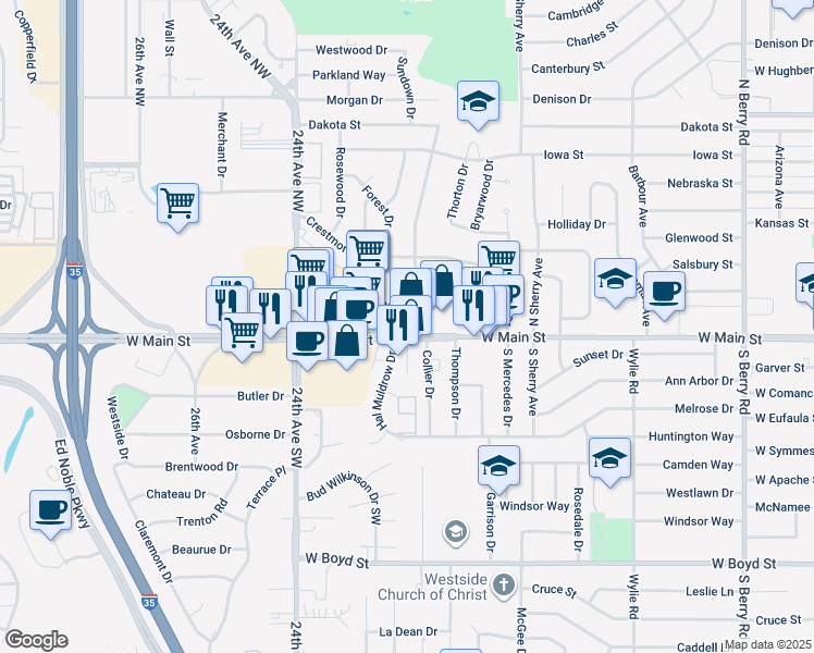 map of restaurants, bars, coffee shops, grocery stores, and more near 2121 West Main Street in Norman