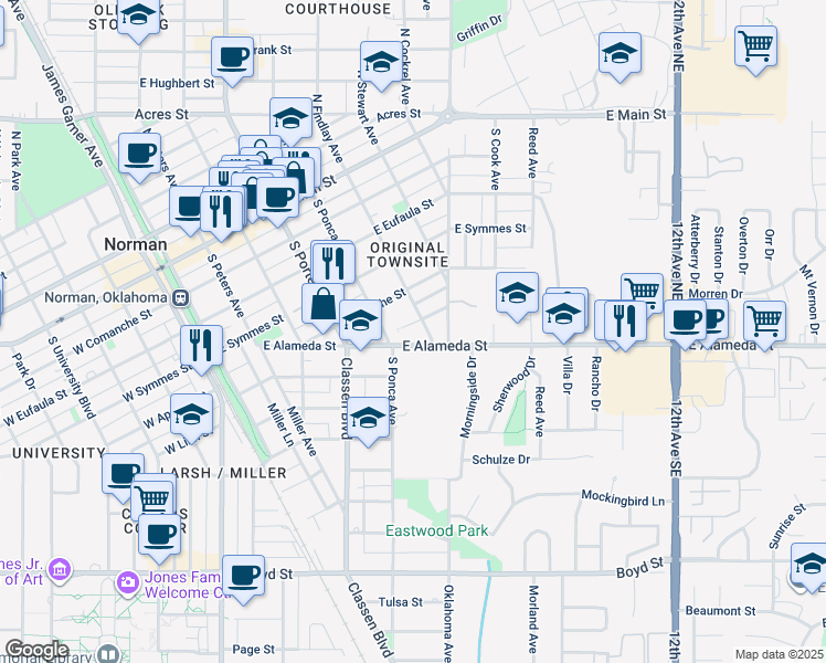 map of restaurants, bars, coffee shops, grocery stores, and more near 515 Alameda Street in Norman