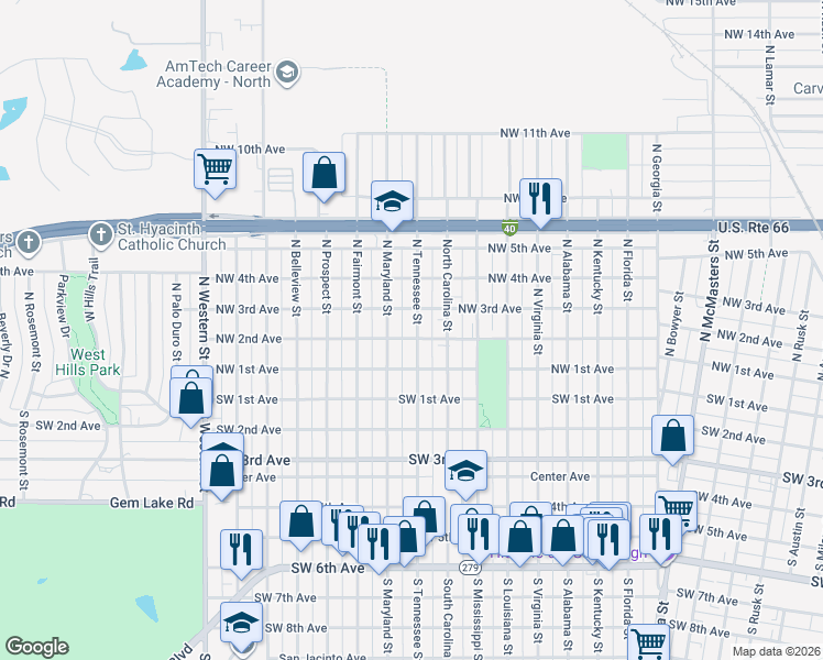 map of restaurants, bars, coffee shops, grocery stores, and more near 203 North Tennessee Street in Amarillo