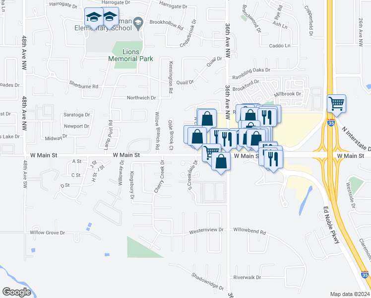 map of restaurants, bars, coffee shops, grocery stores, and more near 3820 Quail Run Circle in Norman