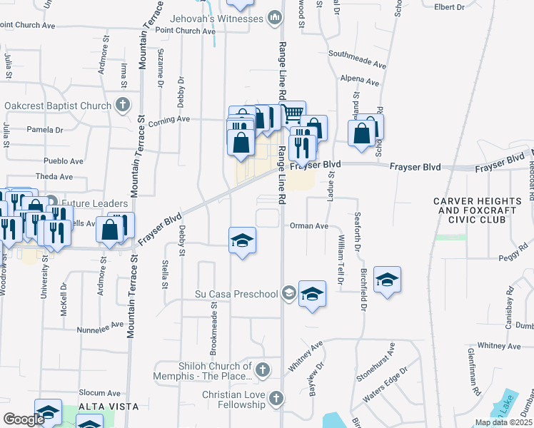 map of restaurants, bars, coffee shops, grocery stores, and more near 3407 Range Line Road in Memphis