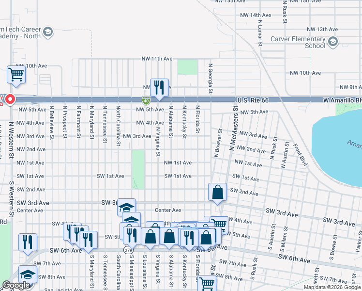 map of restaurants, bars, coffee shops, grocery stores, and more near 103 North Alabama Street in Amarillo