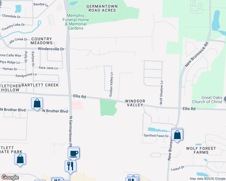 map of restaurants, bars, coffee shops, grocery stores, and more near 3416 Golden Valley Lane in Bartlett