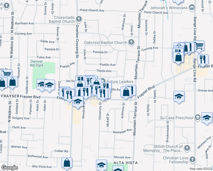 map of restaurants, bars, coffee shops, grocery stores, and more near 3417 Edgar Street in Memphis