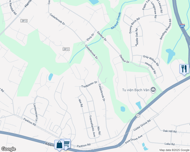map of restaurants, bars, coffee shops, grocery stores, and more near 7517 Cedarbrook Drive in Charlotte