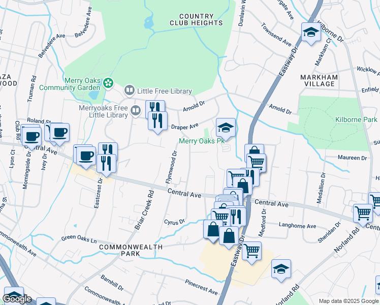 map of restaurants, bars, coffee shops, grocery stores, and more near Merry Oaks Road in Charlotte