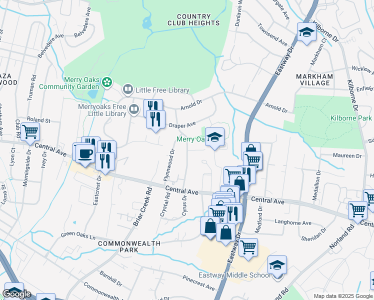 map of restaurants, bars, coffee shops, grocery stores, and more near Merry Oaks Road in Charlotte