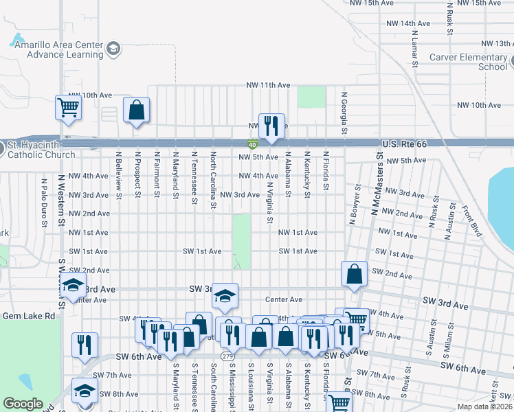 map of restaurants, bars, coffee shops, grocery stores, and more near 3200 Northwest 2nd Avenue in Amarillo