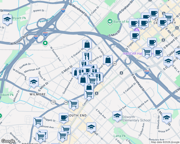 map of restaurants, bars, coffee shops, grocery stores, and more near 204 West Bland Street in Charlotte