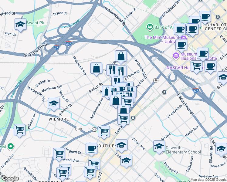 map of restaurants, bars, coffee shops, grocery stores, and more near 1415s South Church Street in Charlotte