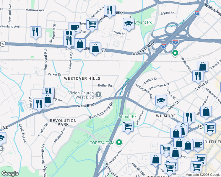 map of restaurants, bars, coffee shops, grocery stores, and more near in Charlotte