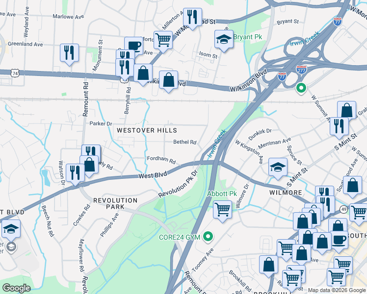 map of restaurants, bars, coffee shops, grocery stores, and more near in Charlotte