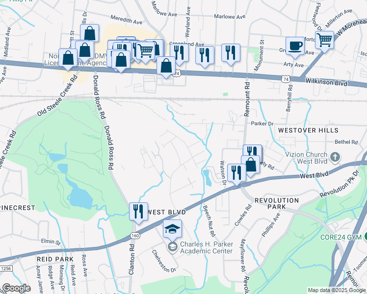 map of restaurants, bars, coffee shops, grocery stores, and more near 2519 Beachmont Avenue in Charlotte