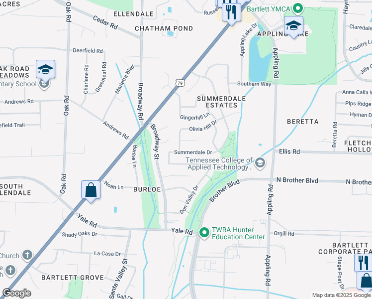 map of restaurants, bars, coffee shops, grocery stores, and more near 3328 Summerdale Drive in Memphis