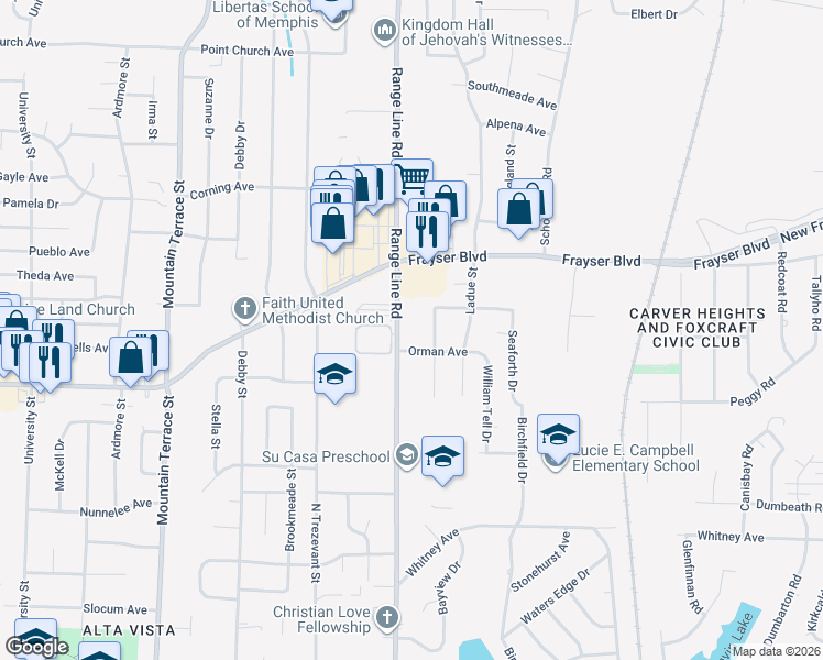 map of restaurants, bars, coffee shops, grocery stores, and more near 3401 Justine Street in Memphis