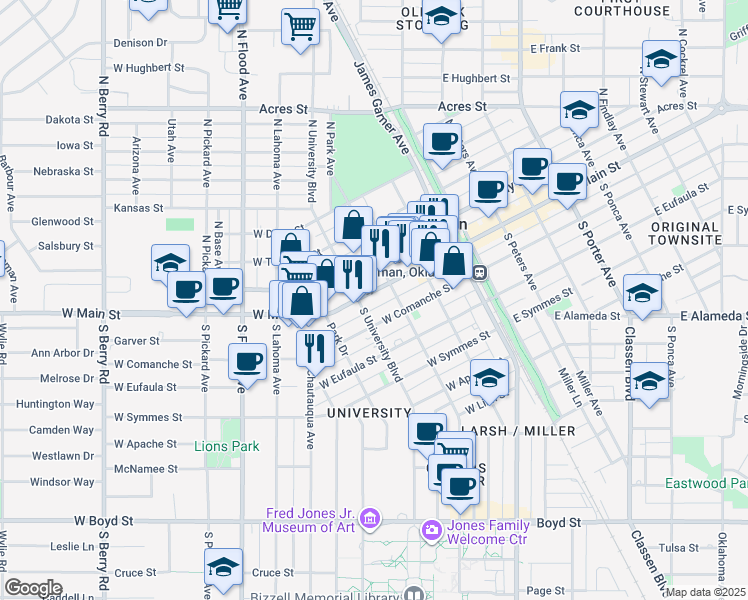 map of restaurants, bars, coffee shops, grocery stores, and more near 119 South University Boulevard in Norman
