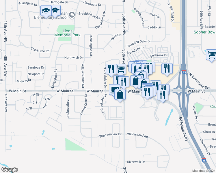 map of restaurants, bars, coffee shops, grocery stores, and more near 101 North Creekdale Drive in Norman