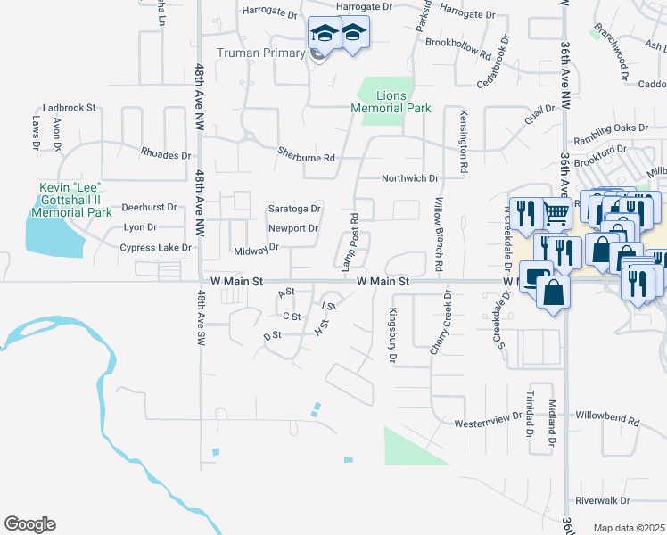 map of restaurants, bars, coffee shops, grocery stores, and more near 4300 West Main Street in Norman