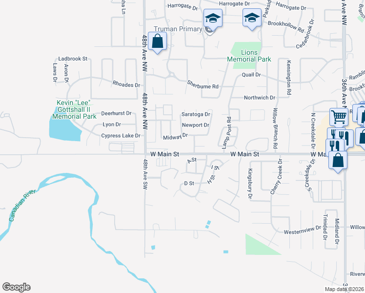 map of restaurants, bars, coffee shops, grocery stores, and more near 4401-4487 West Main Street in Norman