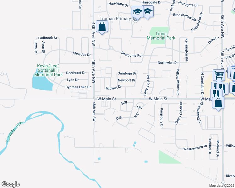 map of restaurants, bars, coffee shops, grocery stores, and more near 4401-4487 West Main Street in Norman