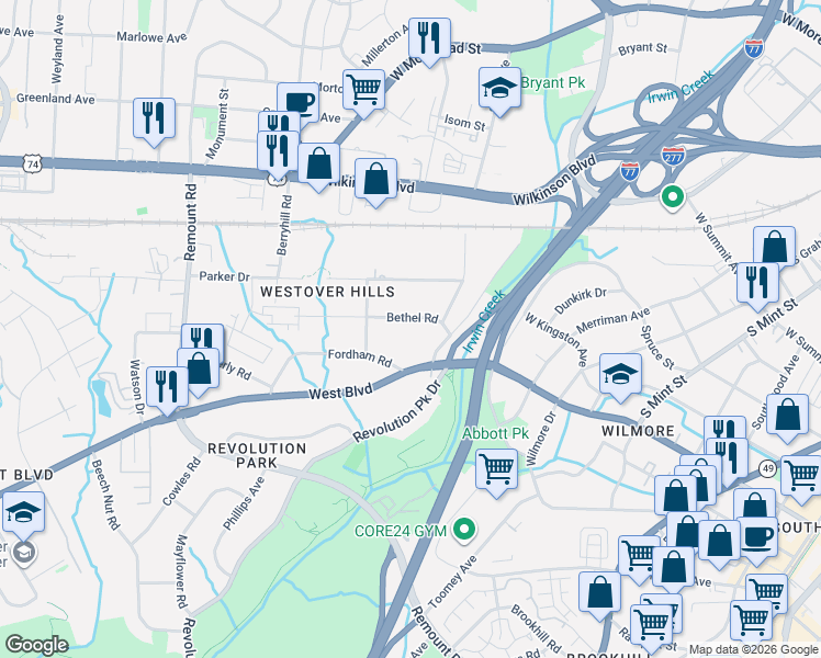 map of restaurants, bars, coffee shops, grocery stores, and more near in Charlotte