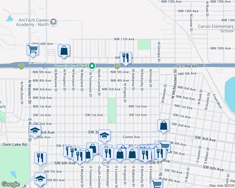 map of restaurants, bars, coffee shops, grocery stores, and more near 204 North Louisiana Street in Amarillo