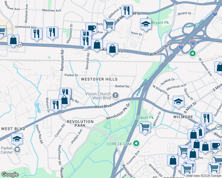 map of restaurants, bars, coffee shops, grocery stores, and more near 1126 Fordham Road in Charlotte