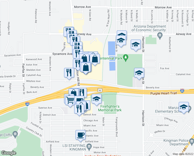 map of restaurants, bars, coffee shops, grocery stores, and more near 1969 East Beverly Avenue in Kingman