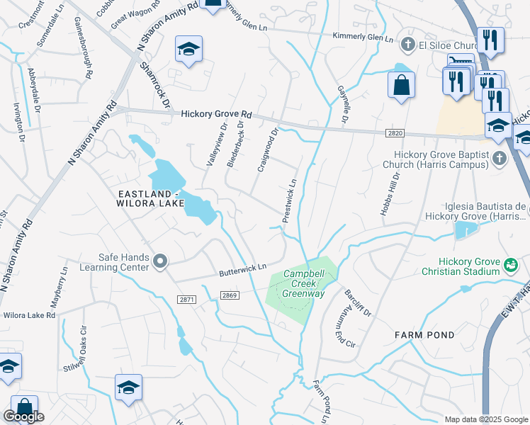 map of restaurants, bars, coffee shops, grocery stores, and more near 5516 Biederbeck Drive in Charlotte