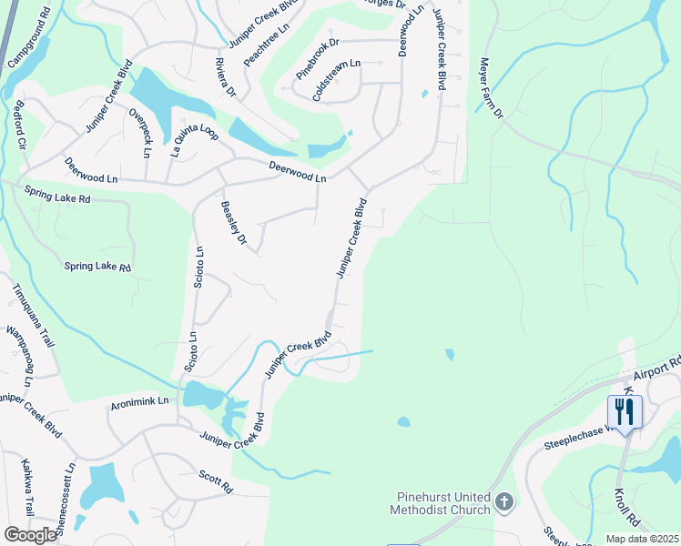 map of restaurants, bars, coffee shops, grocery stores, and more near 108 Juniper Creek Boulevard in Pinehurst