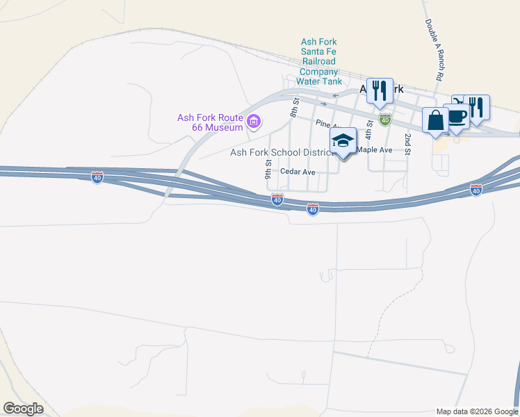 map of restaurants, bars, coffee shops, grocery stores, and more near 727 Franklin Avenue in Ash Fork