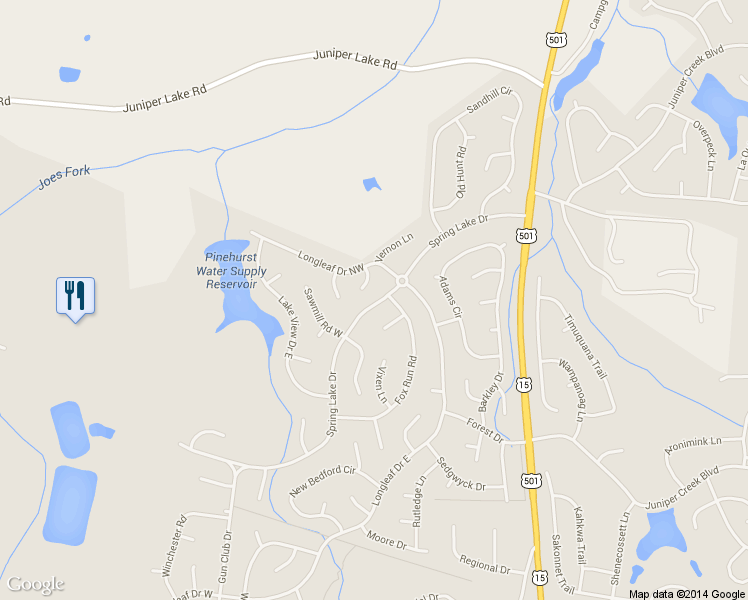 map of restaurants, bars, coffee shops, grocery stores, and more near 295 Spring Lake Drive in Pinehurst