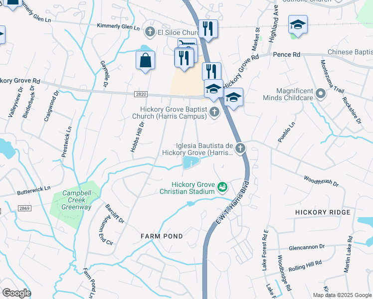 map of restaurants, bars, coffee shops, grocery stores, and more near 5001 Dogwood Place in Charlotte