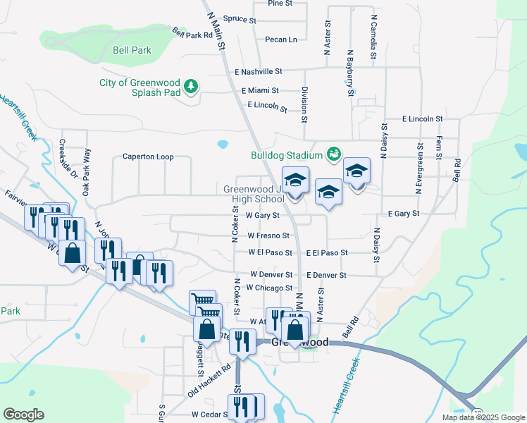 map of restaurants, bars, coffee shops, grocery stores, and more near 105 West Gary Street in Greenwood