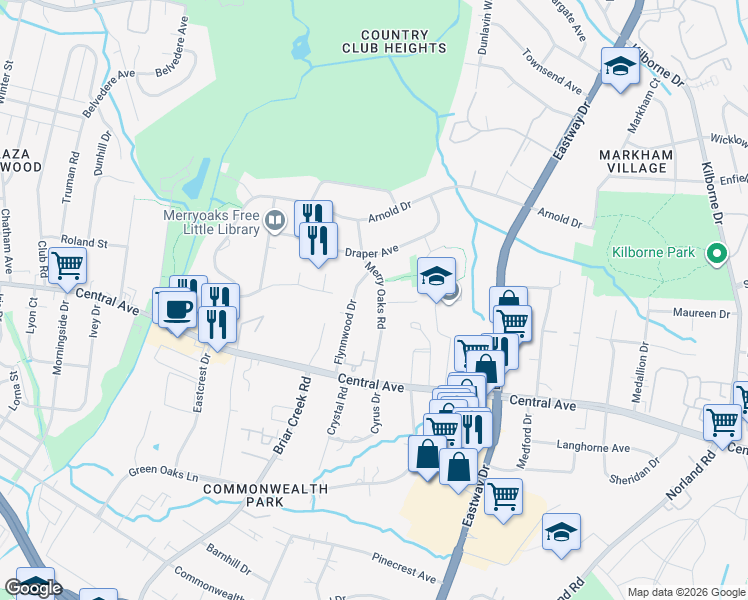 map of restaurants, bars, coffee shops, grocery stores, and more near 3400 Covington Oaks Drive in Charlotte