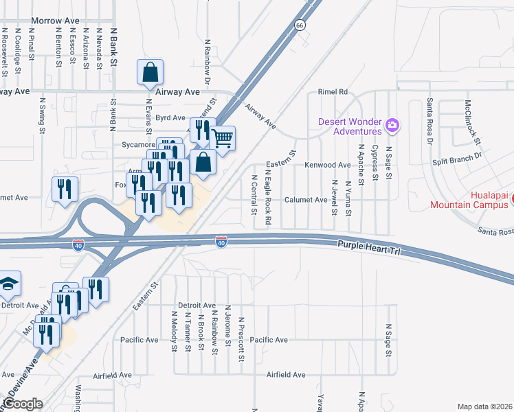 map of restaurants, bars, coffee shops, grocery stores, and more near 3258 North Central Street in Kingman