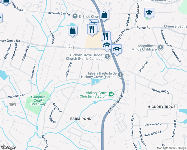 map of restaurants, bars, coffee shops, grocery stores, and more near 5001 Dogwood Place in Charlotte