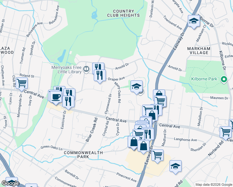 map of restaurants, bars, coffee shops, grocery stores, and more near 3400 Covington Oaks Drive in Charlotte