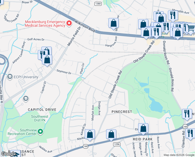 map of restaurants, bars, coffee shops, grocery stores, and more near 2821 Willow Street in Charlotte