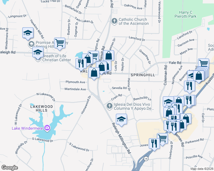 map of restaurants, bars, coffee shops, grocery stores, and more near 3388 Ramill Road in Memphis