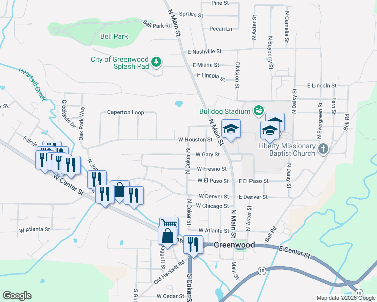map of restaurants, bars, coffee shops, grocery stores, and more near 409 North Coker Street in Greenwood