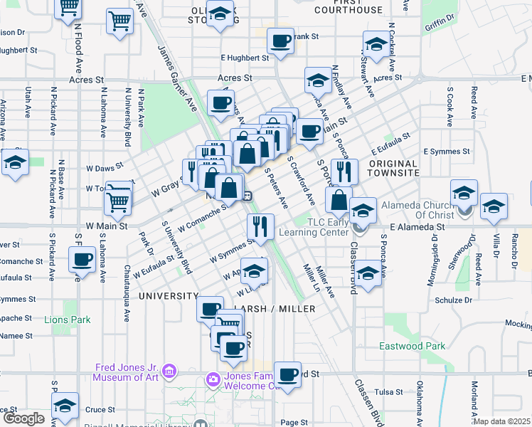 map of restaurants, bars, coffee shops, grocery stores, and more near 111 East Symmes Street in Norman